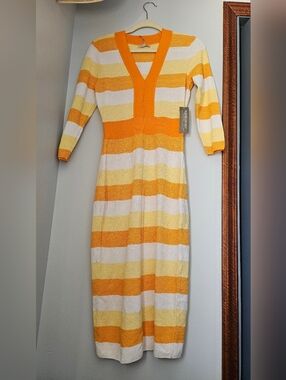 eva mendes for New York & Company Yellow, White & Orange Striped Maxi Dress